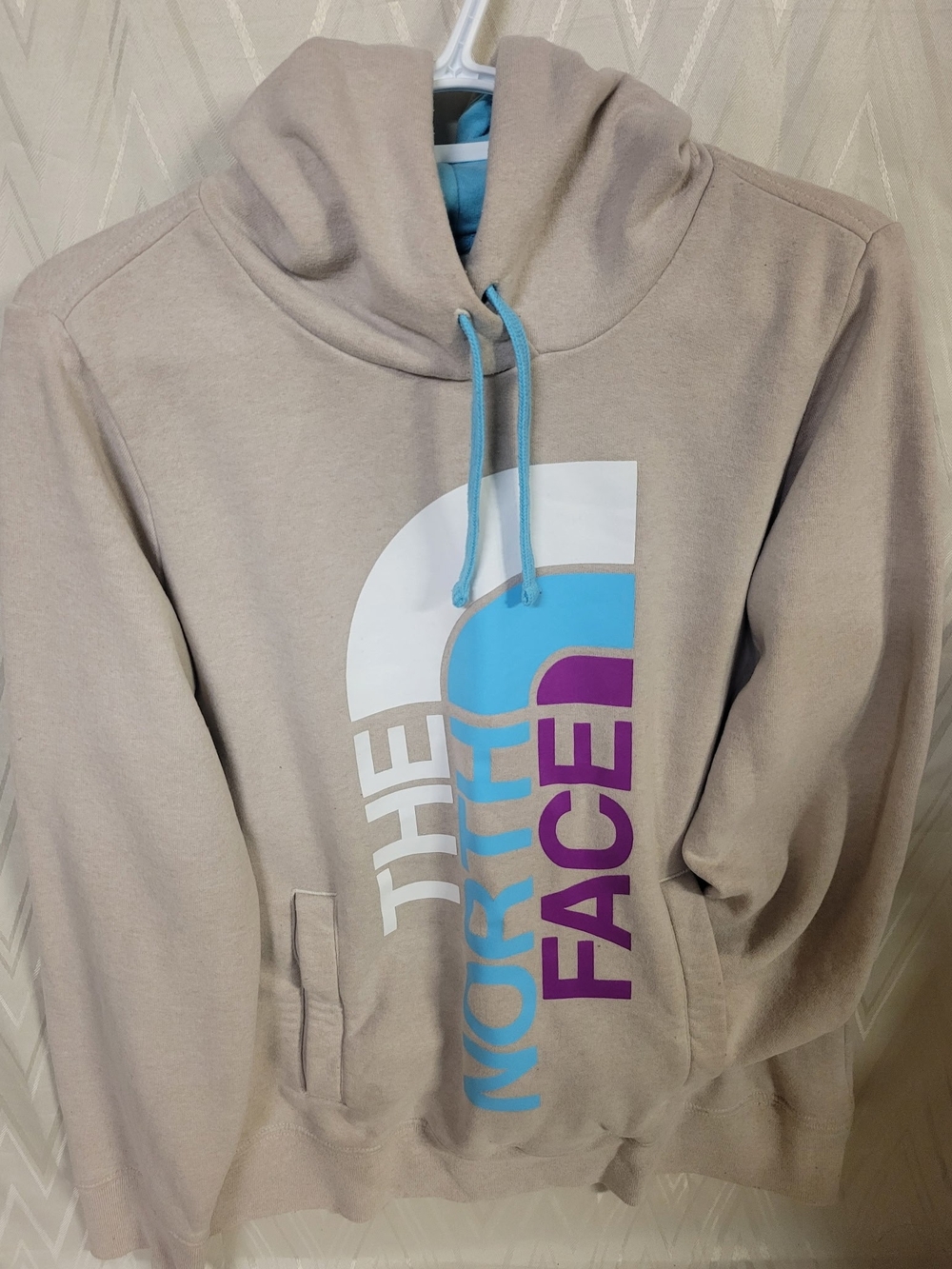 The North Face Beige Crewneck Hoodie with Blue & Purple Logo